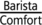 Logo du café avec le texte "Barista Comfort" et une icône de tasse à café.